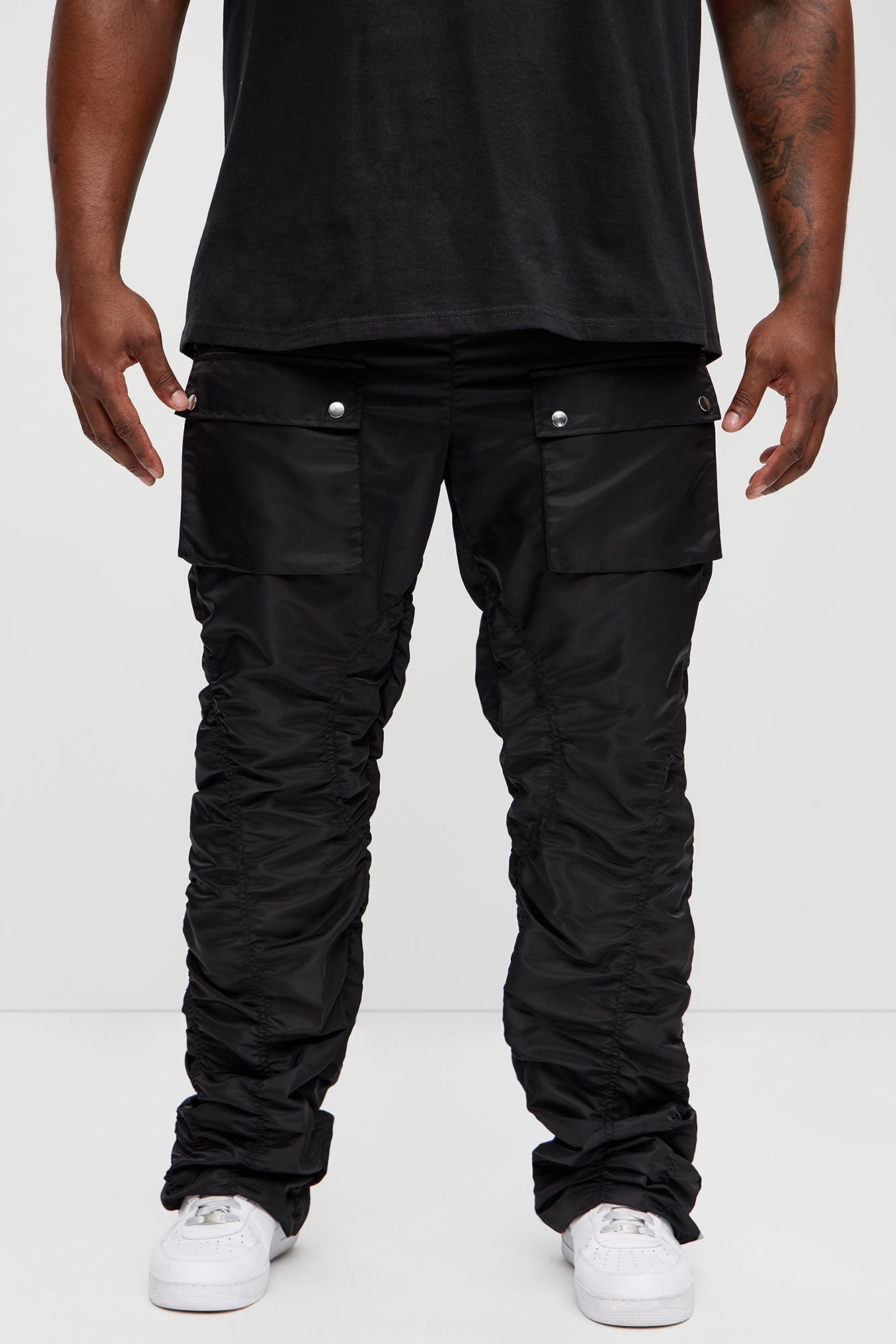 Scrunched Flared Nylon Cargo Pants - Black Fashion Nova