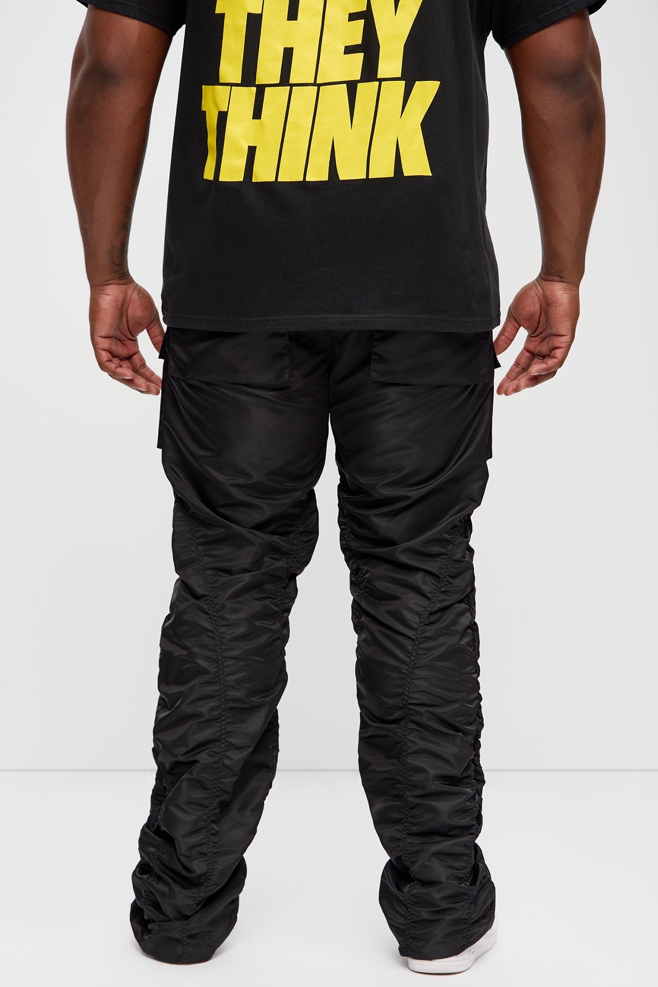 Scrunched Flared Nylon Cargo Pants - Black Fashion Nova