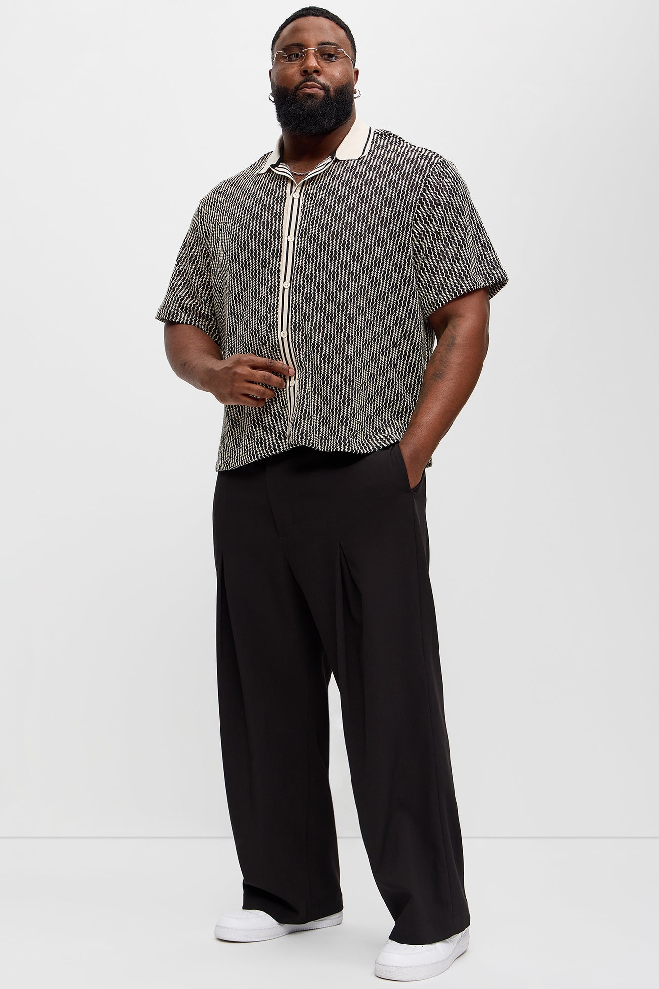 Zigzag Open Knit Crochet Cuban Shirt - Black/combo Fashion Nova