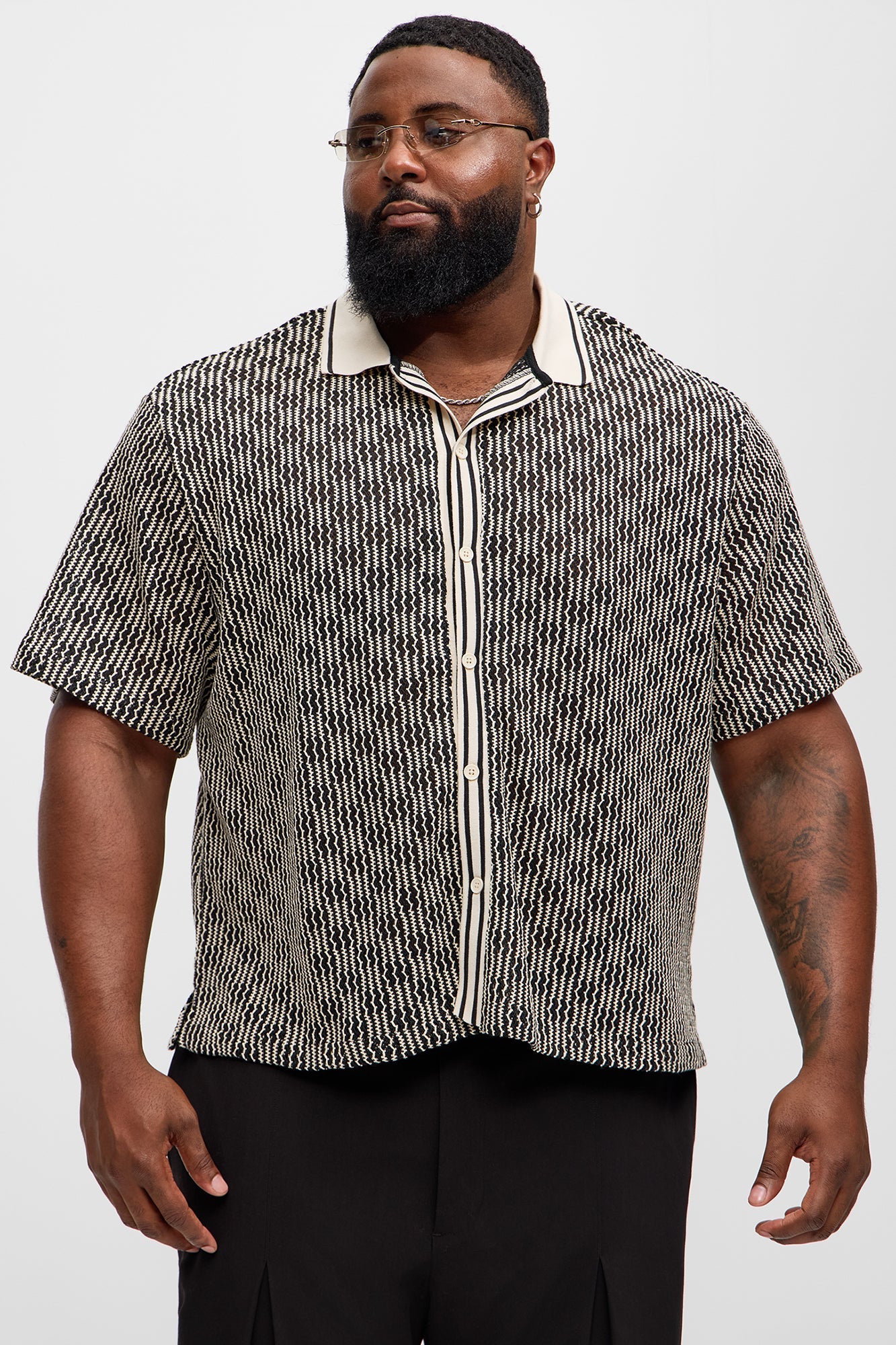 Zigzag Open Knit Crochet Cuban Shirt - Black/combo Fashion Nova