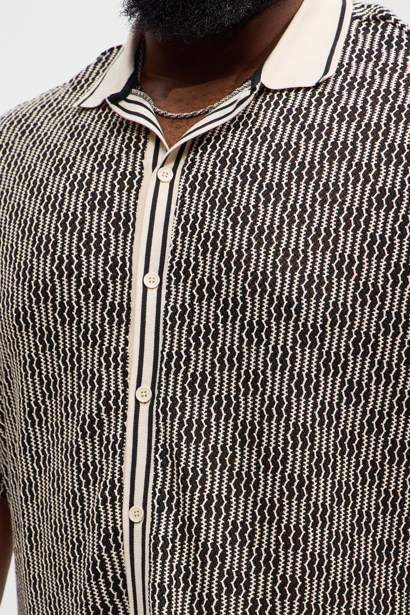 Zigzag Open Knit Crochet Cuban Shirt - Black/combo Fashion Nova
