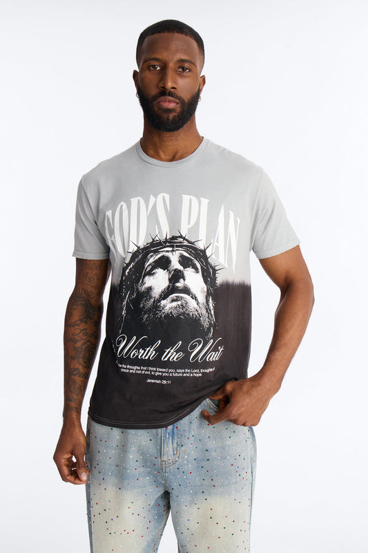 God's Plan Dip-Dye Graphic Short Sleeve Tee - Grey/Black Fashion Nova