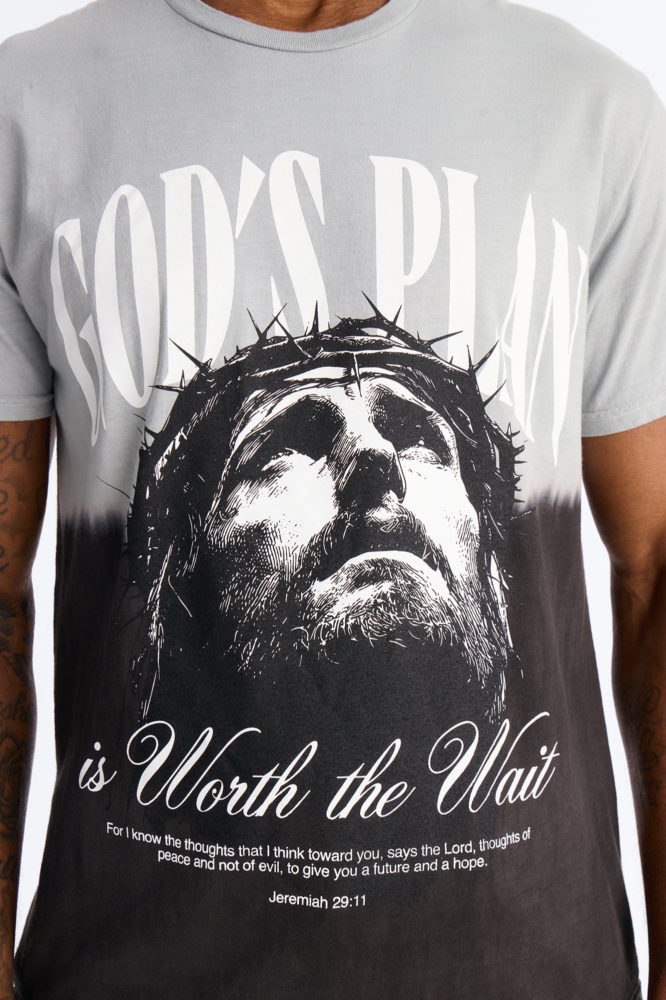 God's Plan Dip-Dye Graphic Short Sleeve Tee - Grey/Black Fashion Nova