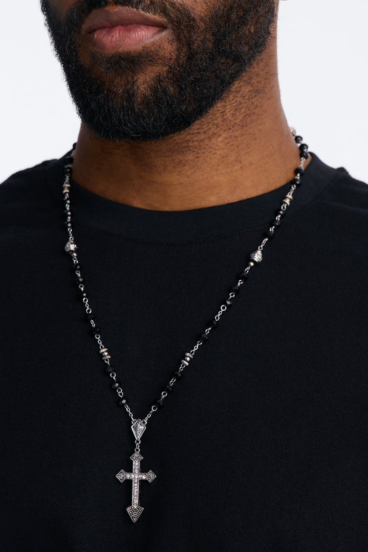 Beaded Rosary Style Cross Necklace - Silver/Black Fashion Nova