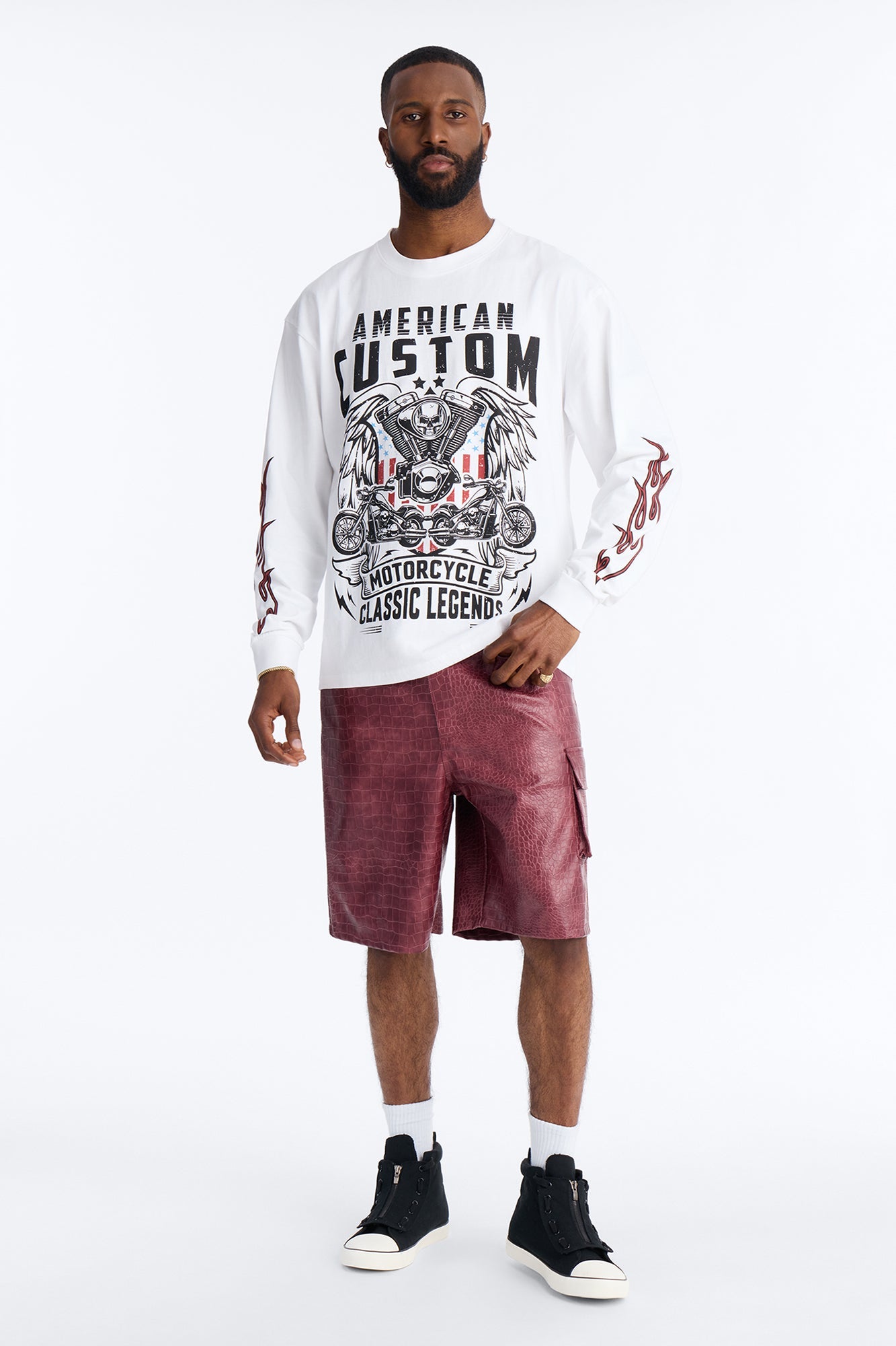 American Custom Motorcycle Oversized Long Sleeve Tee - White Fashion Nova