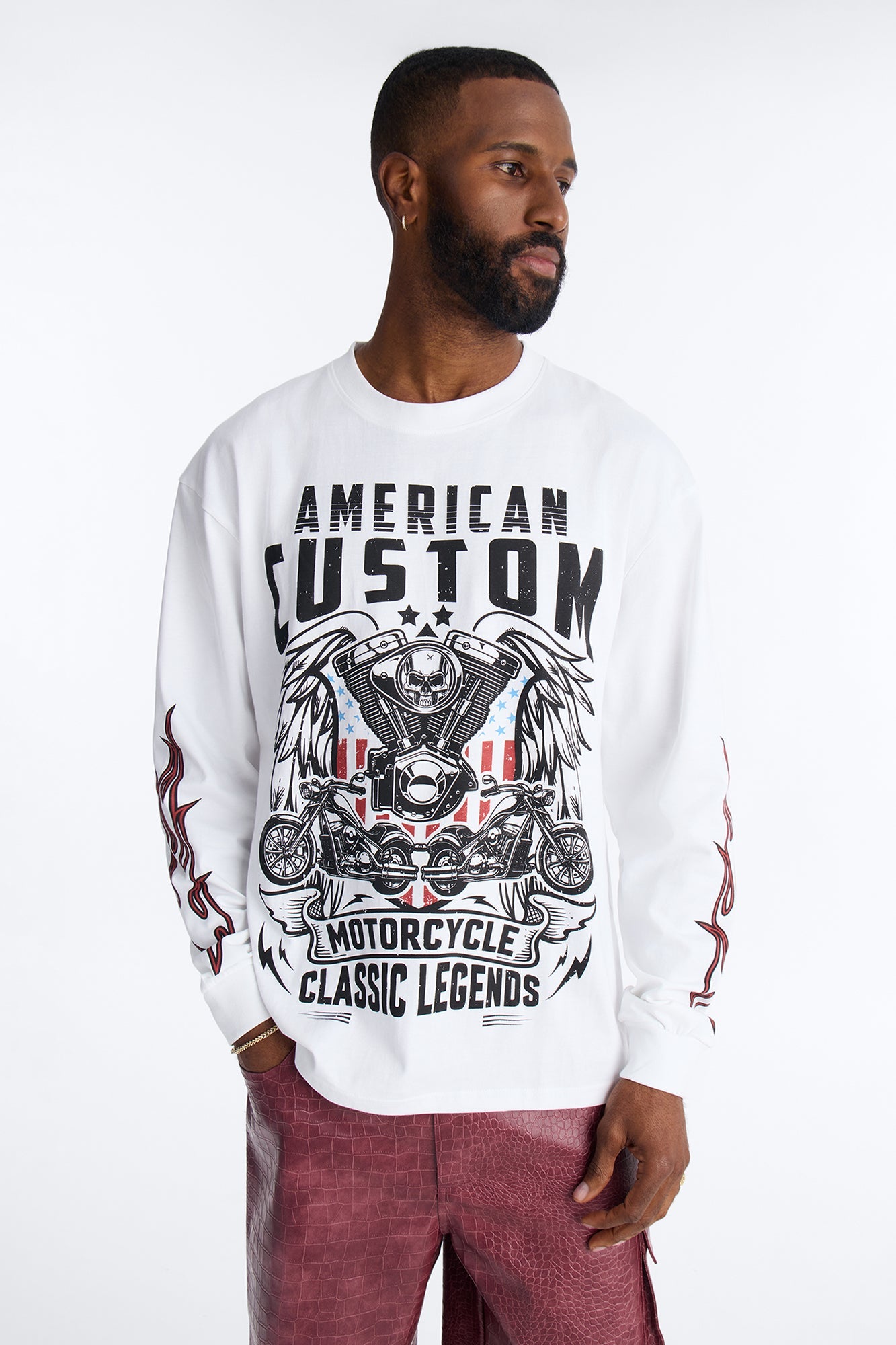 American Custom Motorcycle Oversized Long Sleeve Tee - White Fashion Nova