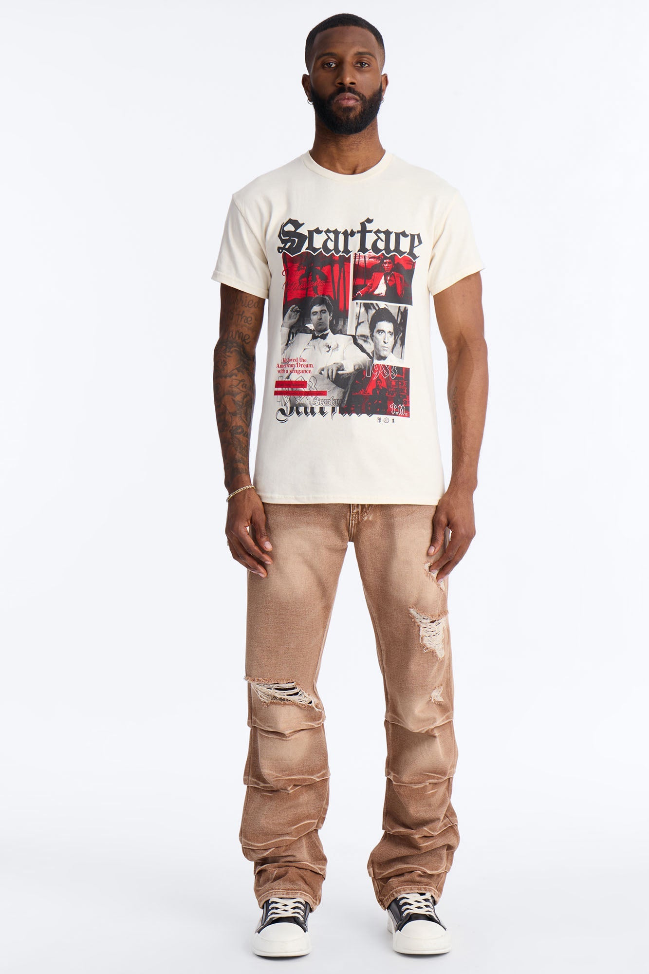 Scarface Embroidery Short Sleeve Tee - Natural Fashion Nova