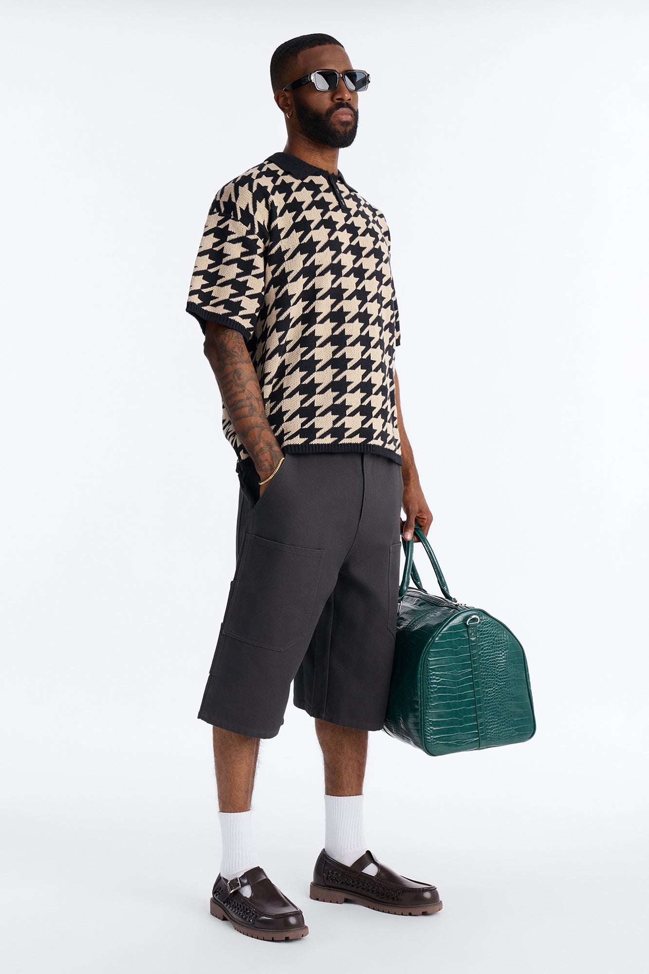 Houndstooth Short Sleeve Knitted Polo - Black Fashion Nova