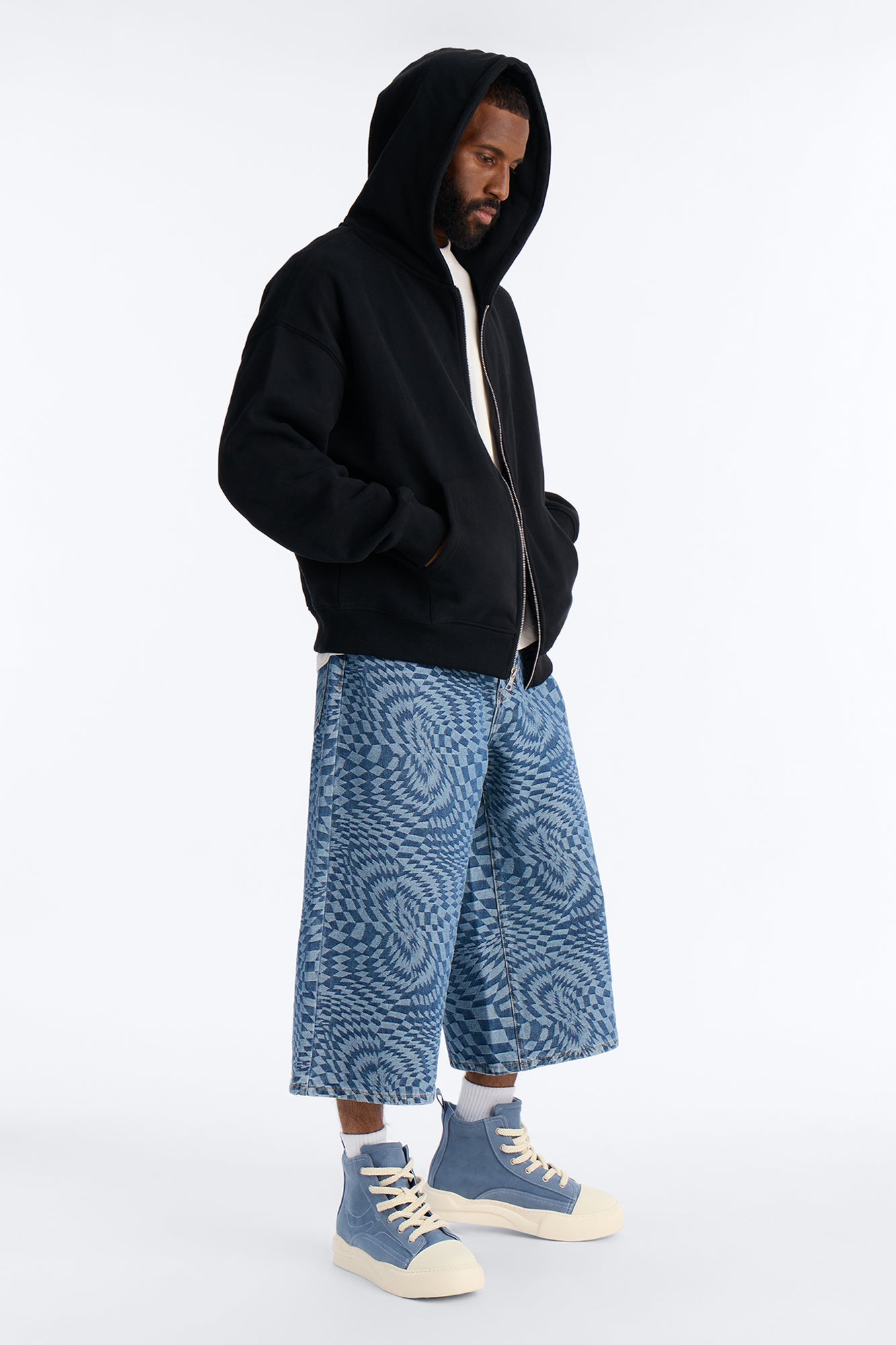 Super Baggy Trippy Check Denim Short - Medium Blue Wash Fashion Nova