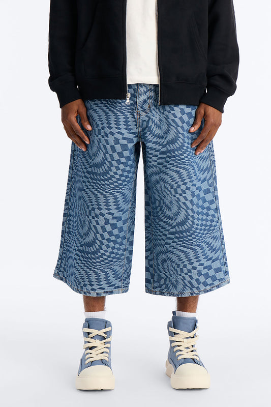 Super Baggy Trippy Check Denim Short - Medium Blue Wash Fashion Nova
