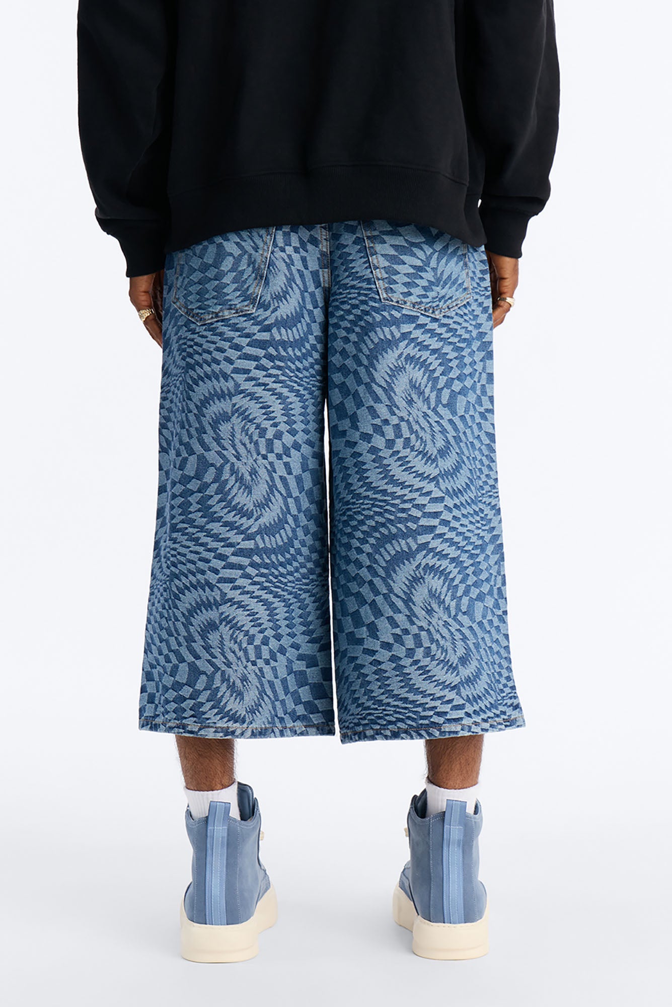 Super Baggy Trippy Check Denim Short - Medium Blue Wash Fashion Nova