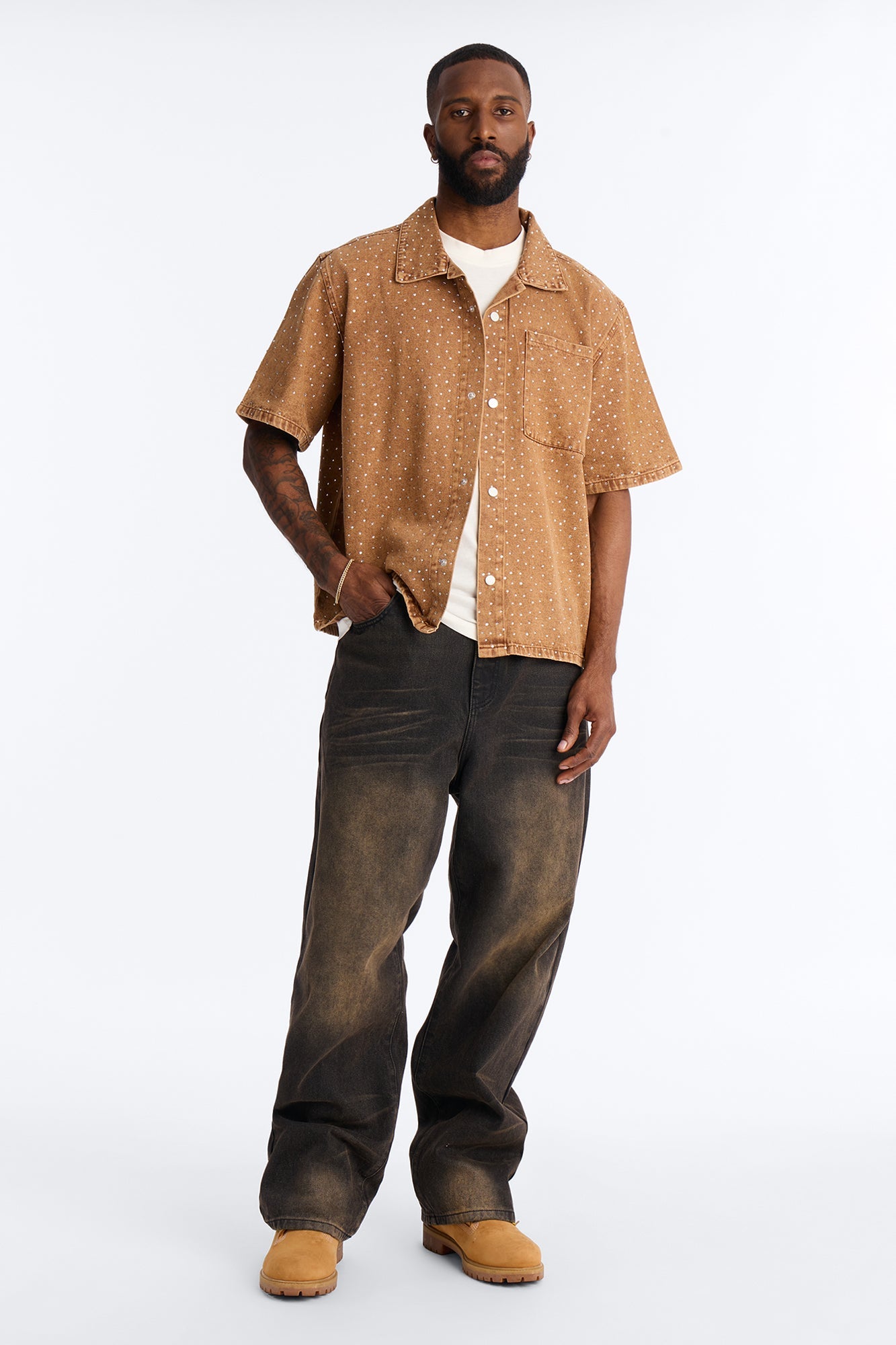 Cropped Embellished Denim Button Up Shirt - Brown Fashion Nova