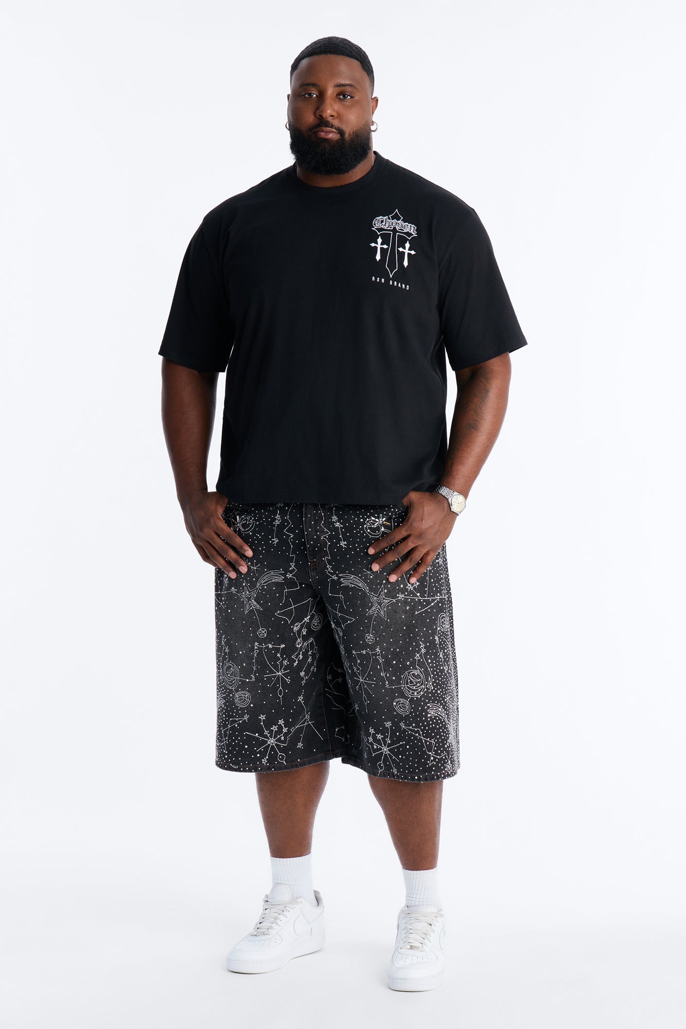 Rhinestone Interstellar Baggy Denim Short - Black Wash Fashion Nova