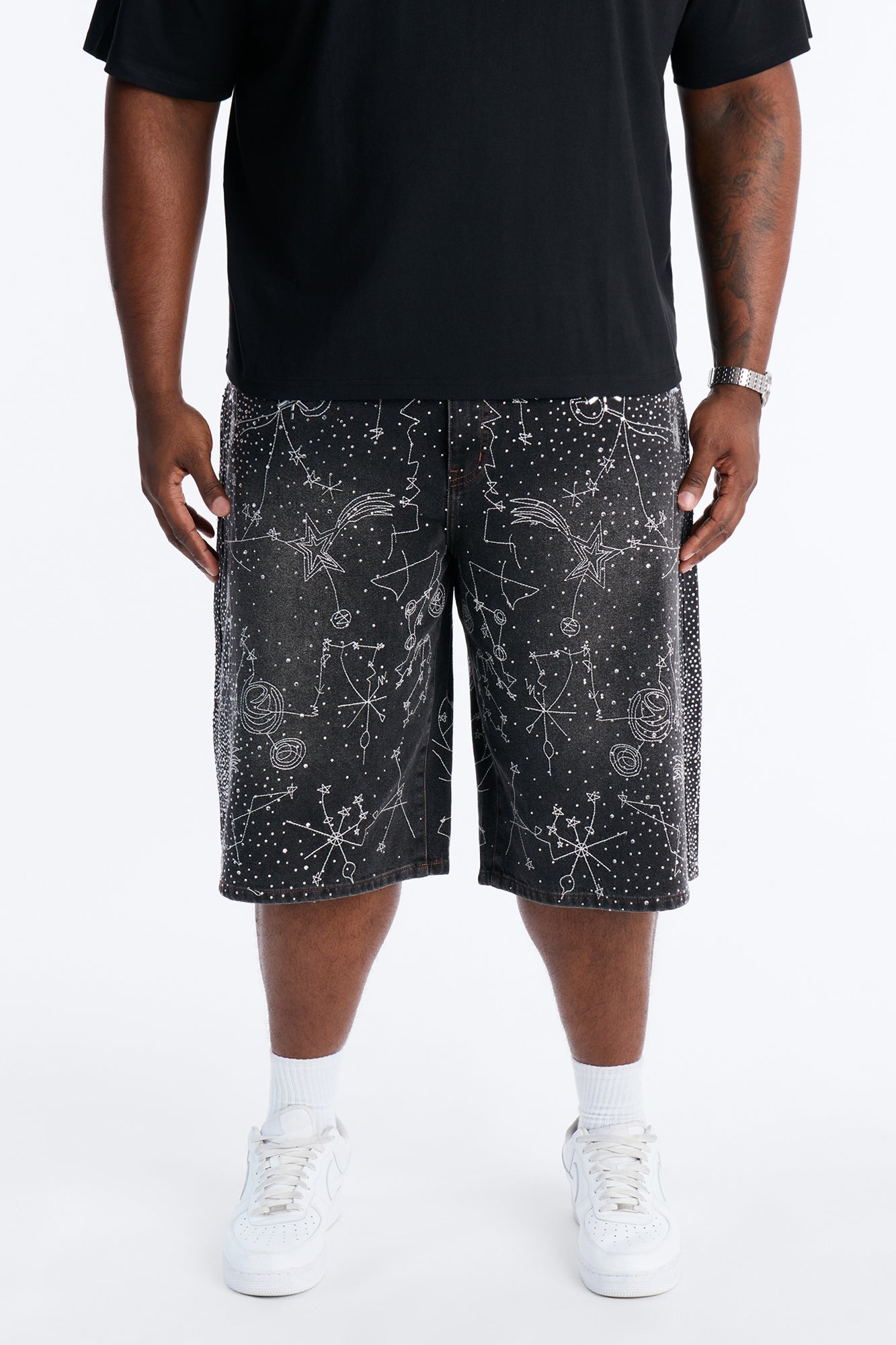 Rhinestone Interstellar Baggy Denim Short - Black Wash Fashion Nova