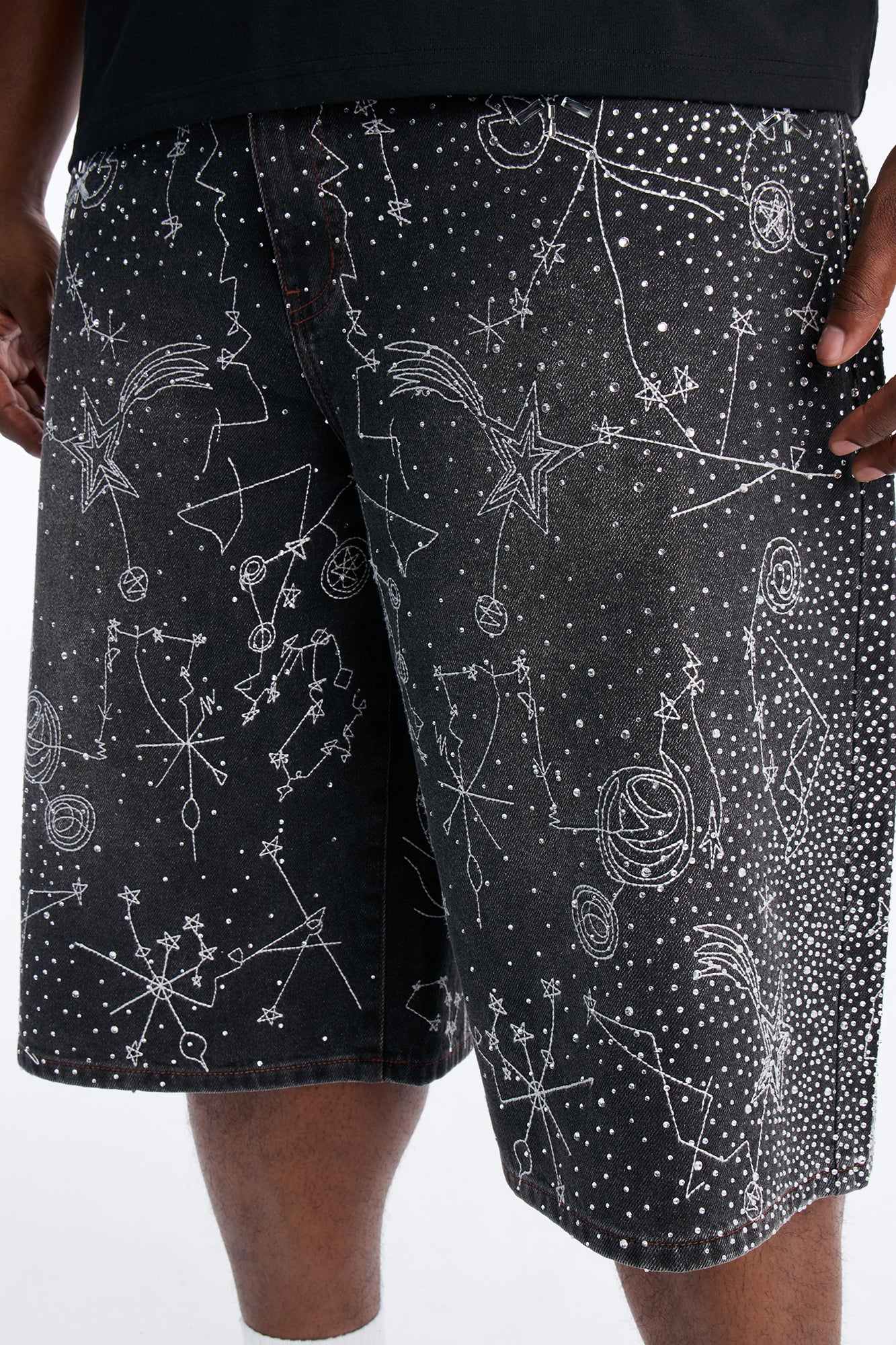 Rhinestone Interstellar Baggy Denim Short - Black Wash Fashion Nova