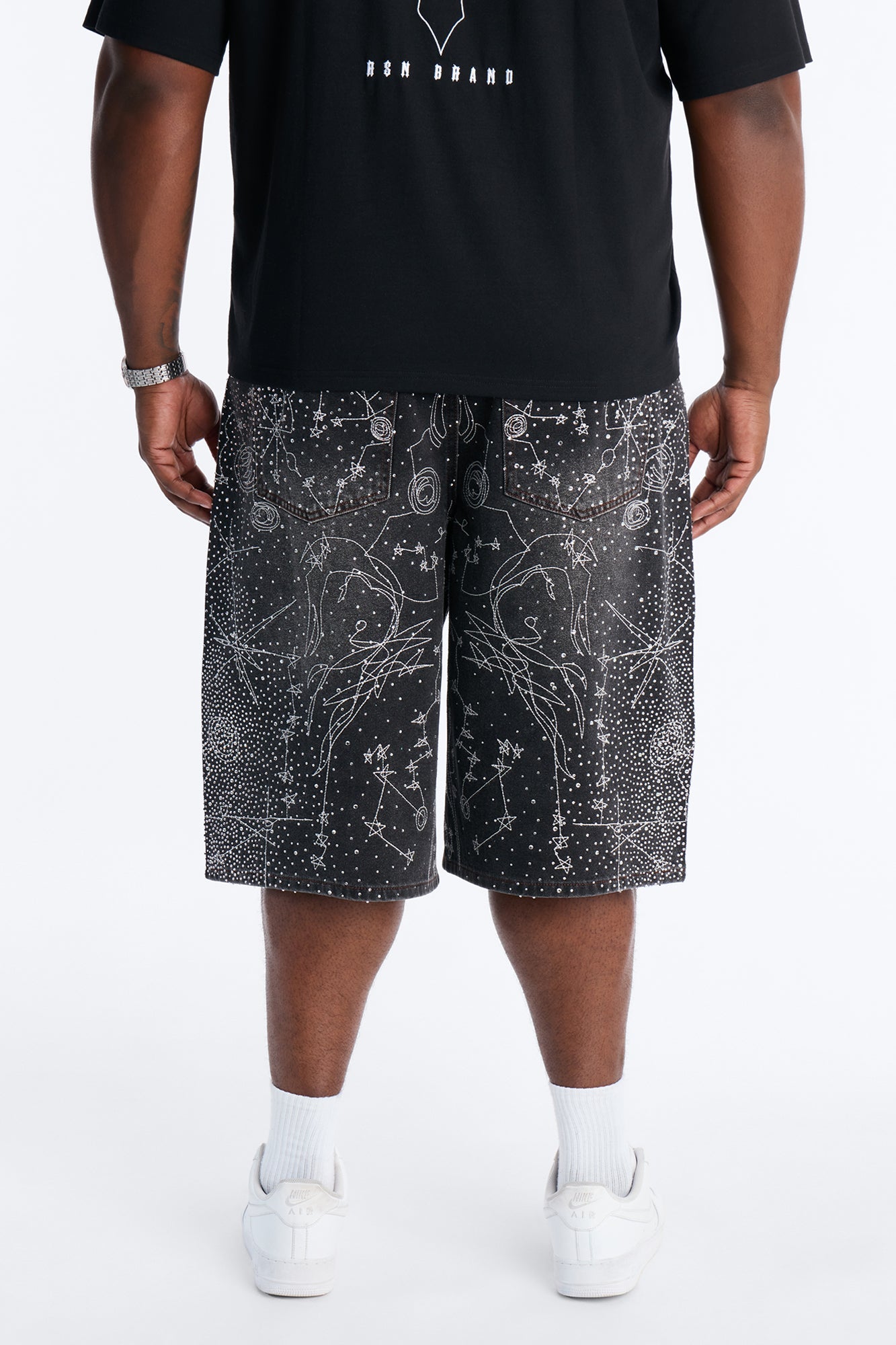 Rhinestone Interstellar Baggy Denim Short - Black Wash Fashion Nova