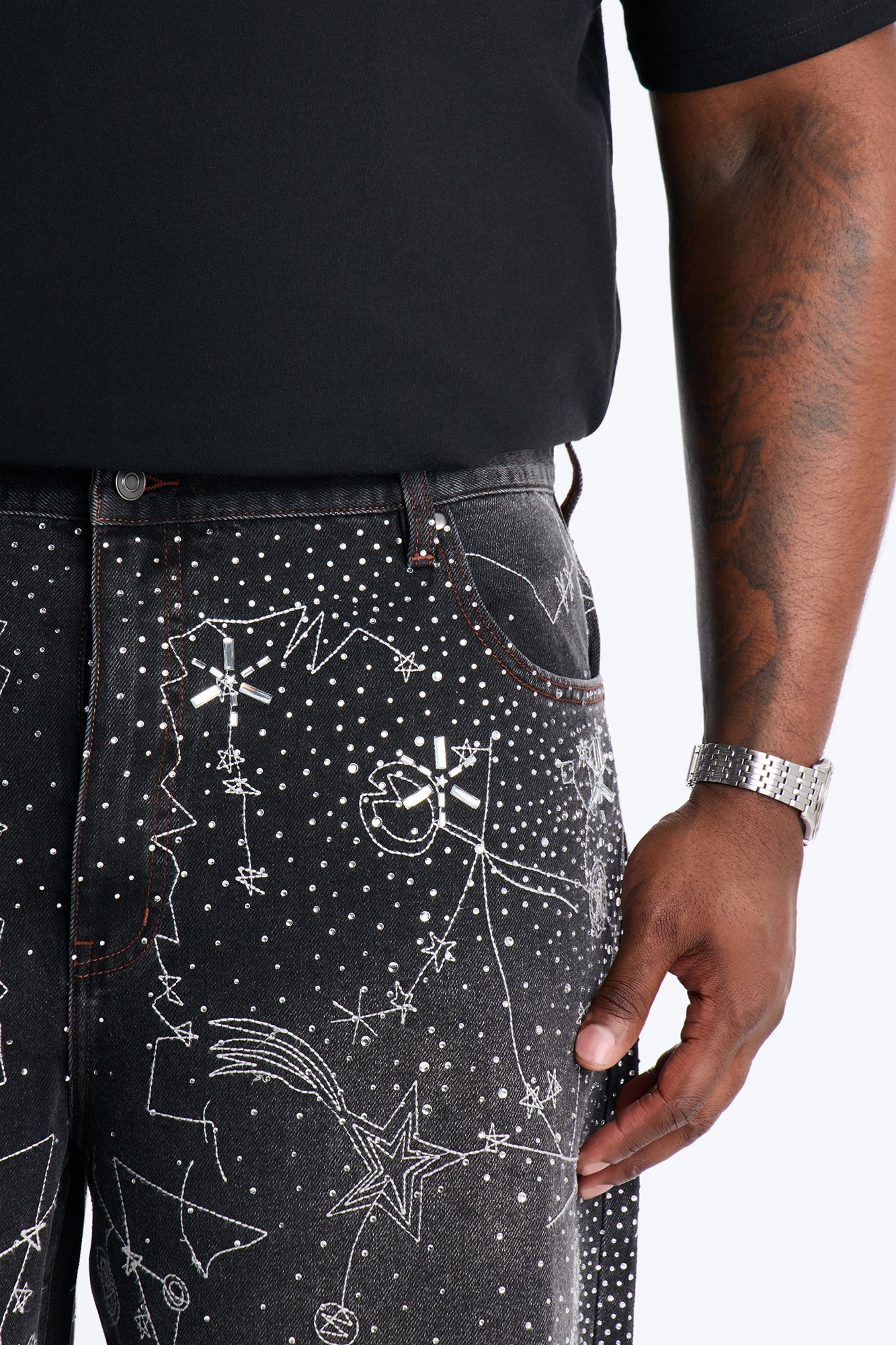 Rhinestone Interstellar Baggy Denim Short - Black Wash Fashion Nova
