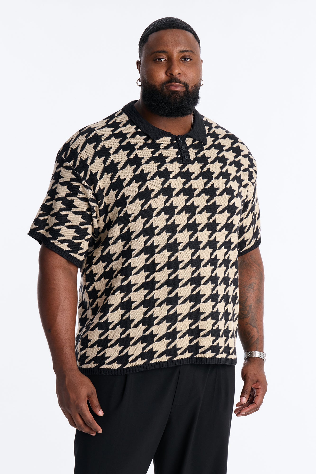 Houndstooth Short Sleeve Knitted Polo - Black Fashion Nova