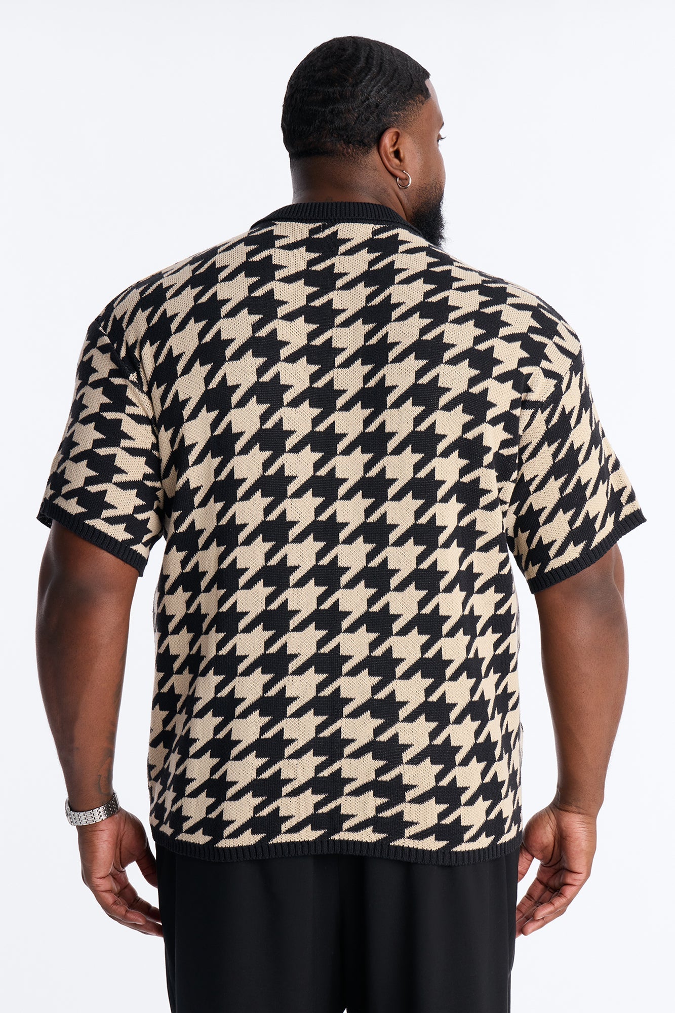 Houndstooth Short Sleeve Knitted Polo - Black Fashion Nova
