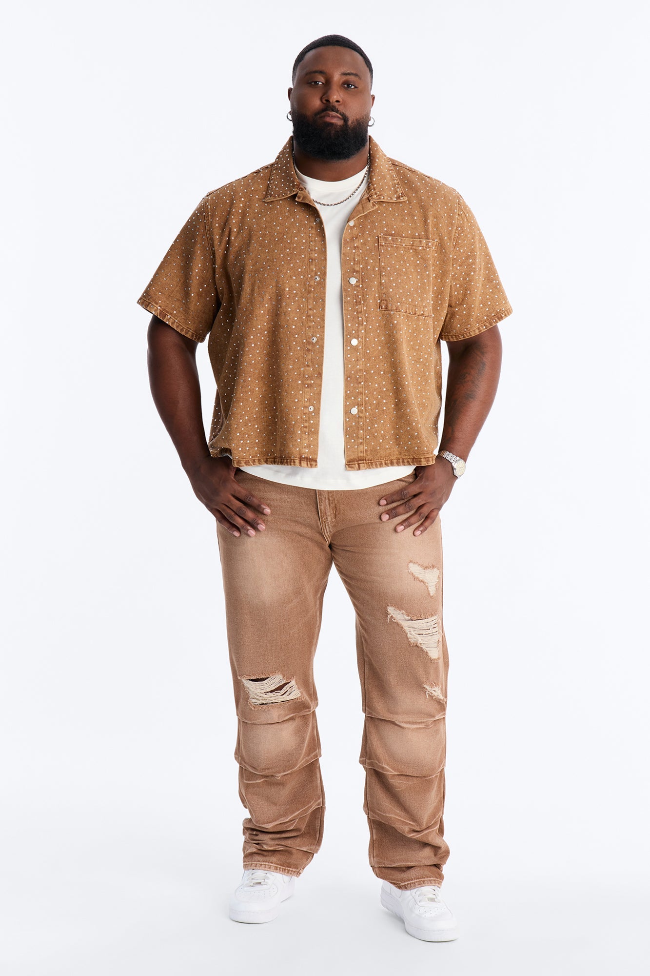 Cropped Embellished Denim Button Up Shirt - Brown Fashion Nova
