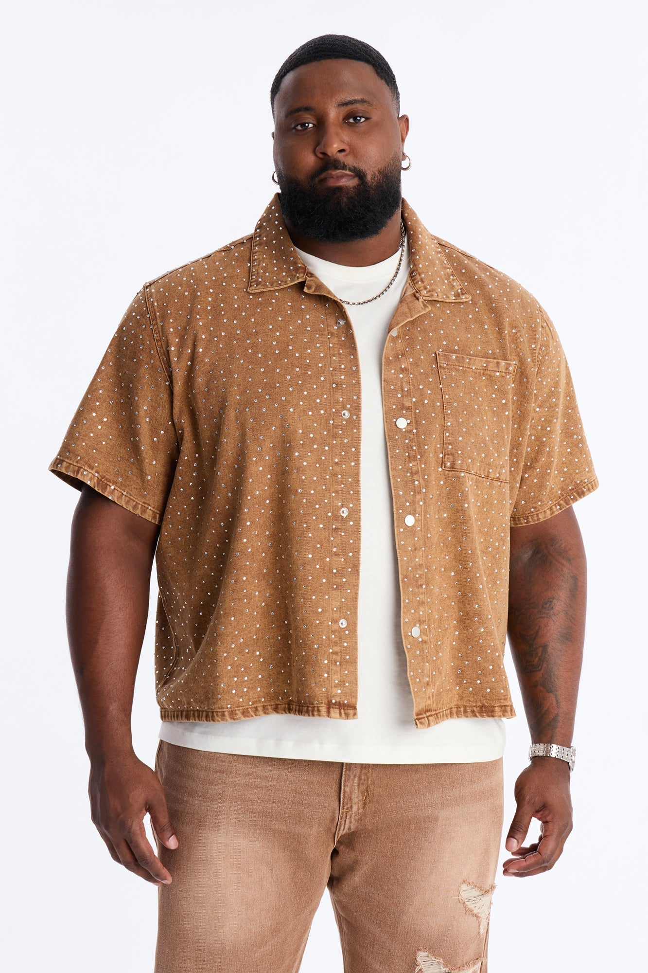 Cropped Embellished Denim Button Up Shirt - Brown Fashion Nova