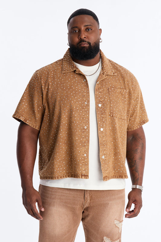 Cropped Embellished Denim Button Up Shirt - Brown Fashion Nova
