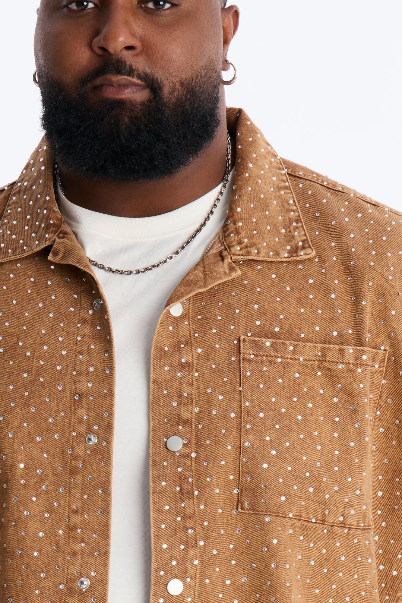 Cropped Embellished Denim Button Up Shirt - Brown Fashion Nova