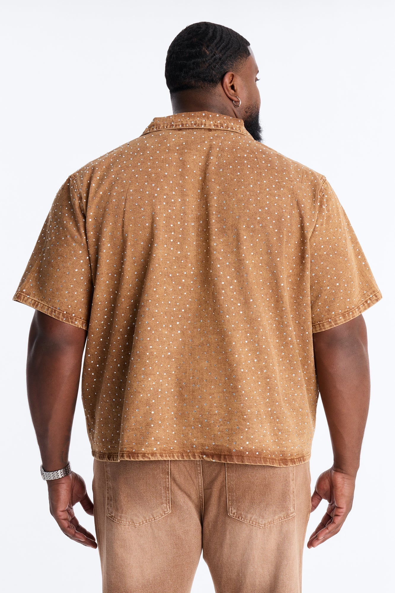 Cropped Embellished Denim Button Up Shirt - Brown Fashion Nova