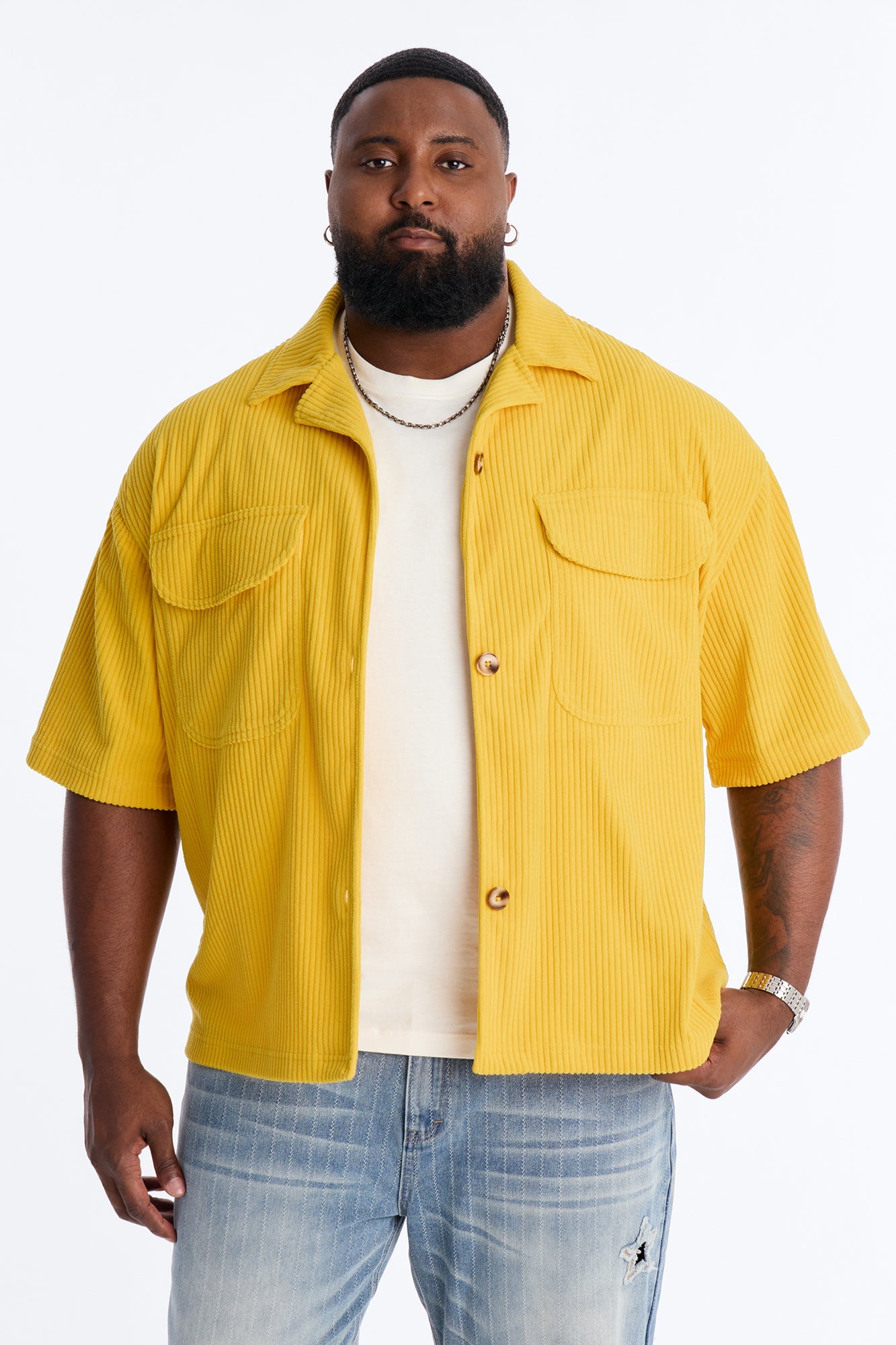 Ultra Oversized Corduroy Button Up Shirt - Yellow Fashion Nova