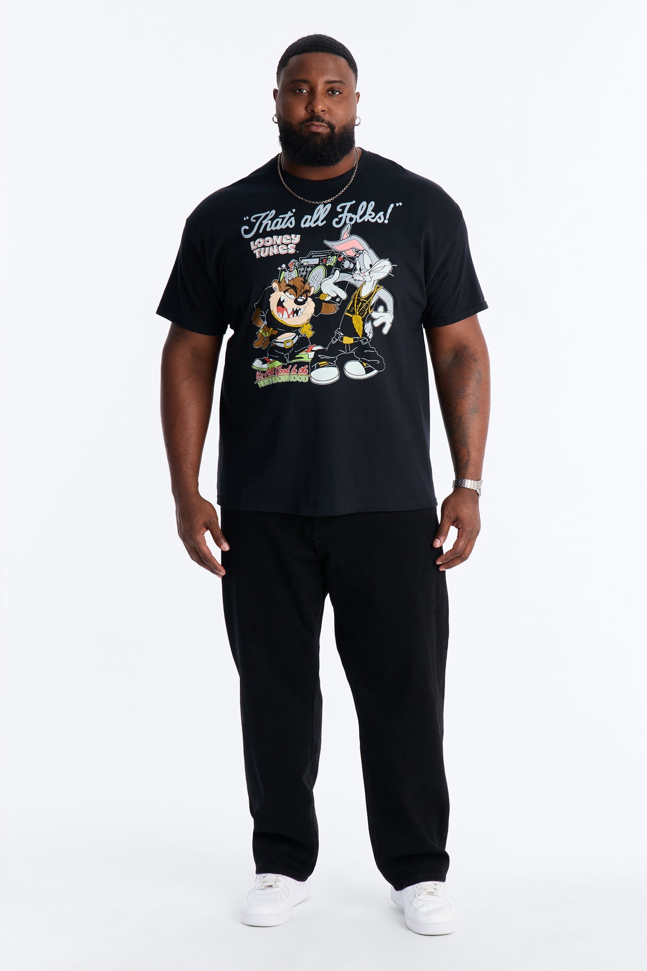 Looney Tunes Thats All Folks Rhinestone Short Sleeve Tee - Black Fashion Nova