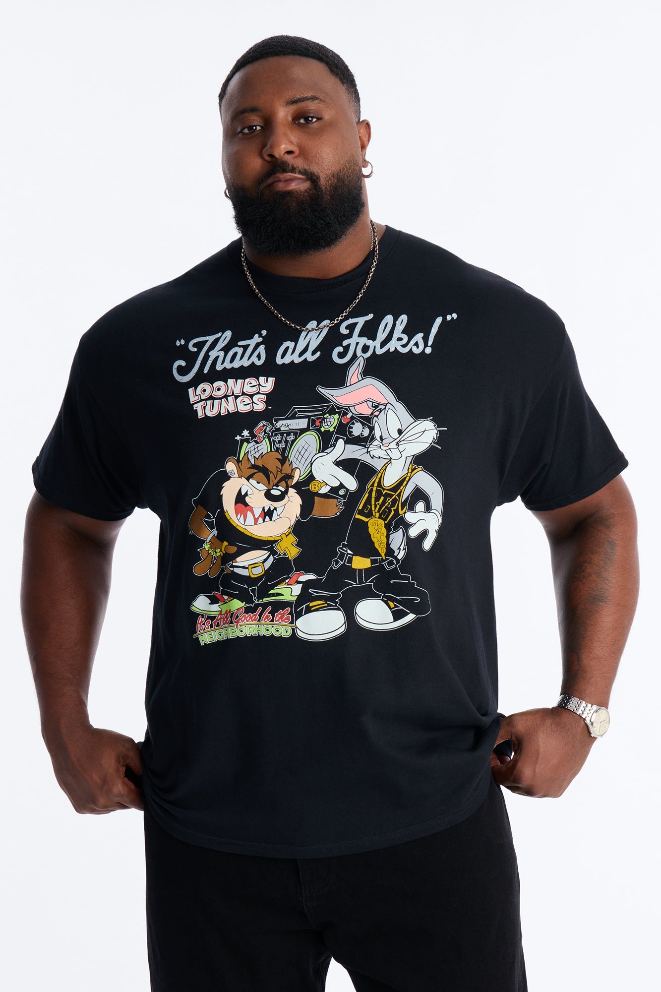 Looney Tunes Thats All Folks Rhinestone Short Sleeve Tee - Black Fashion Nova