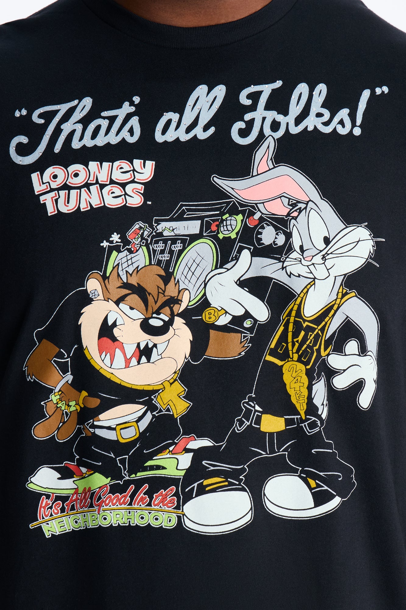 Looney Tunes Thats All Folks Rhinestone Short Sleeve Tee - Black Fashion Nova