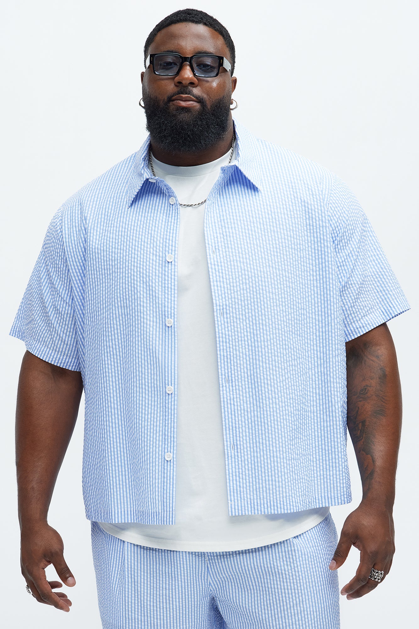 Seersucker Short Sleeve Button Up Shirt - Blue/combo Fashion Nova