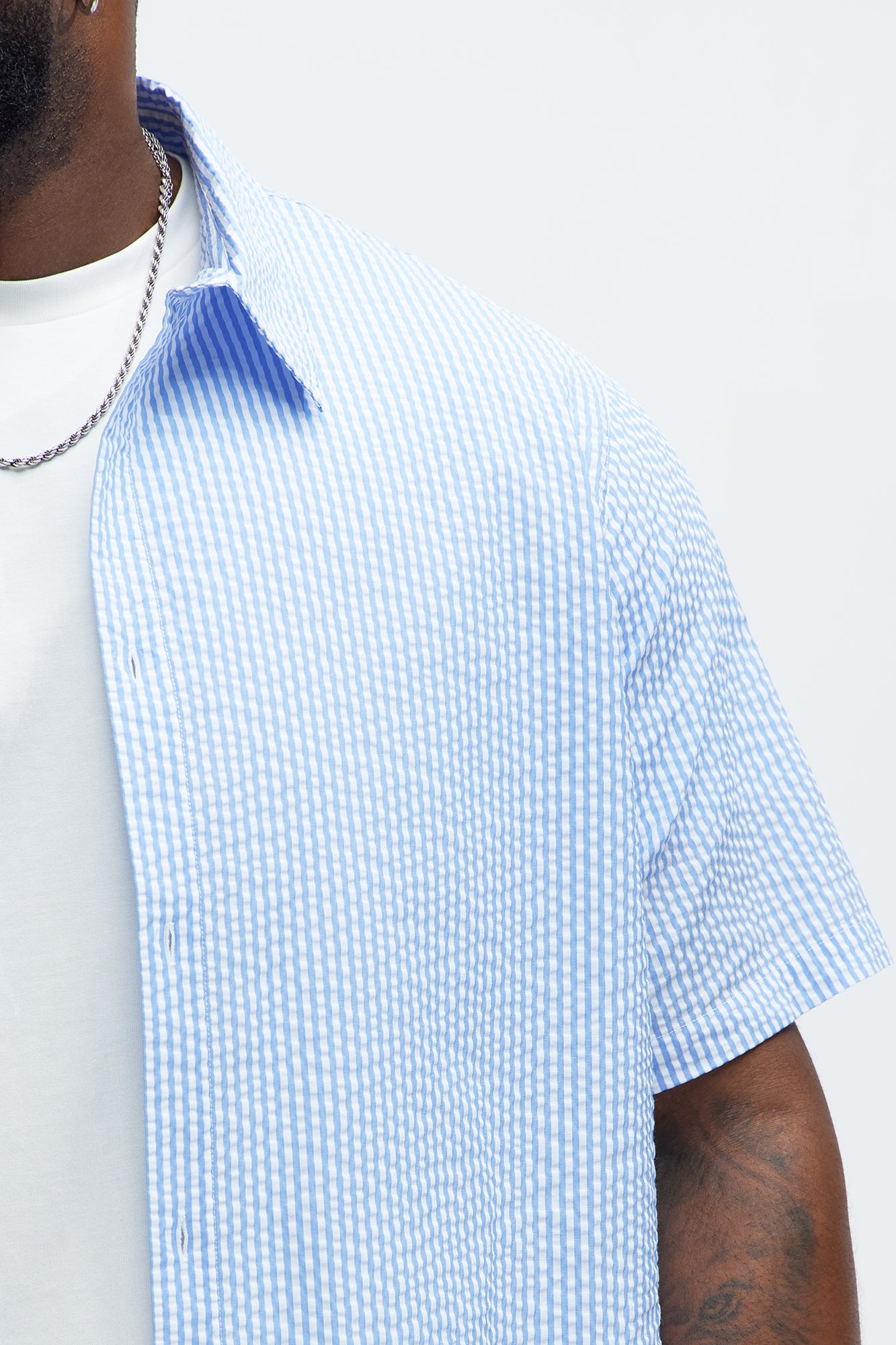 Seersucker Short Sleeve Button Up Shirt - Blue/combo Fashion Nova