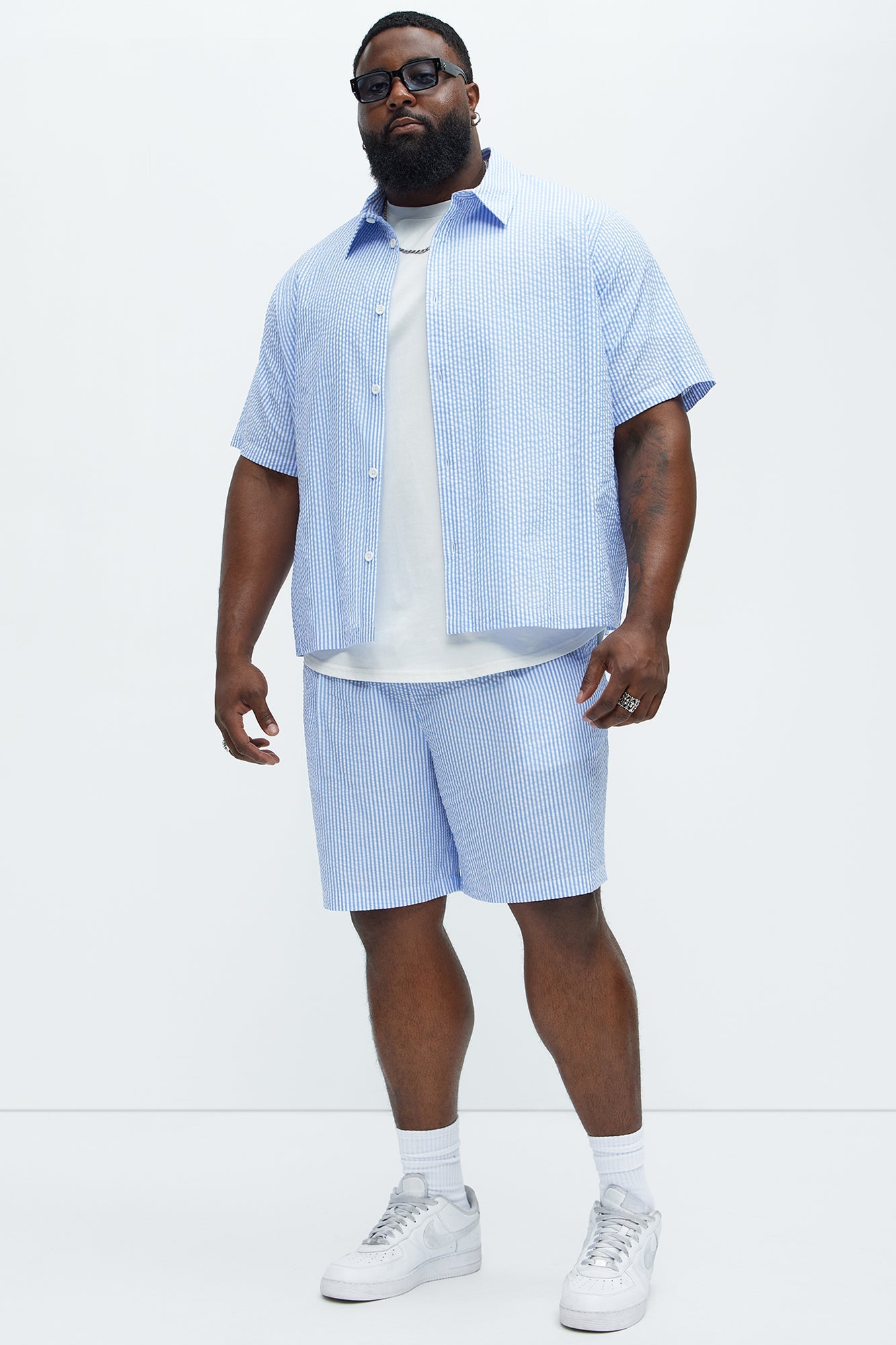 Seersucker Relaxed Shorts - Blue/combo Fashion Nova