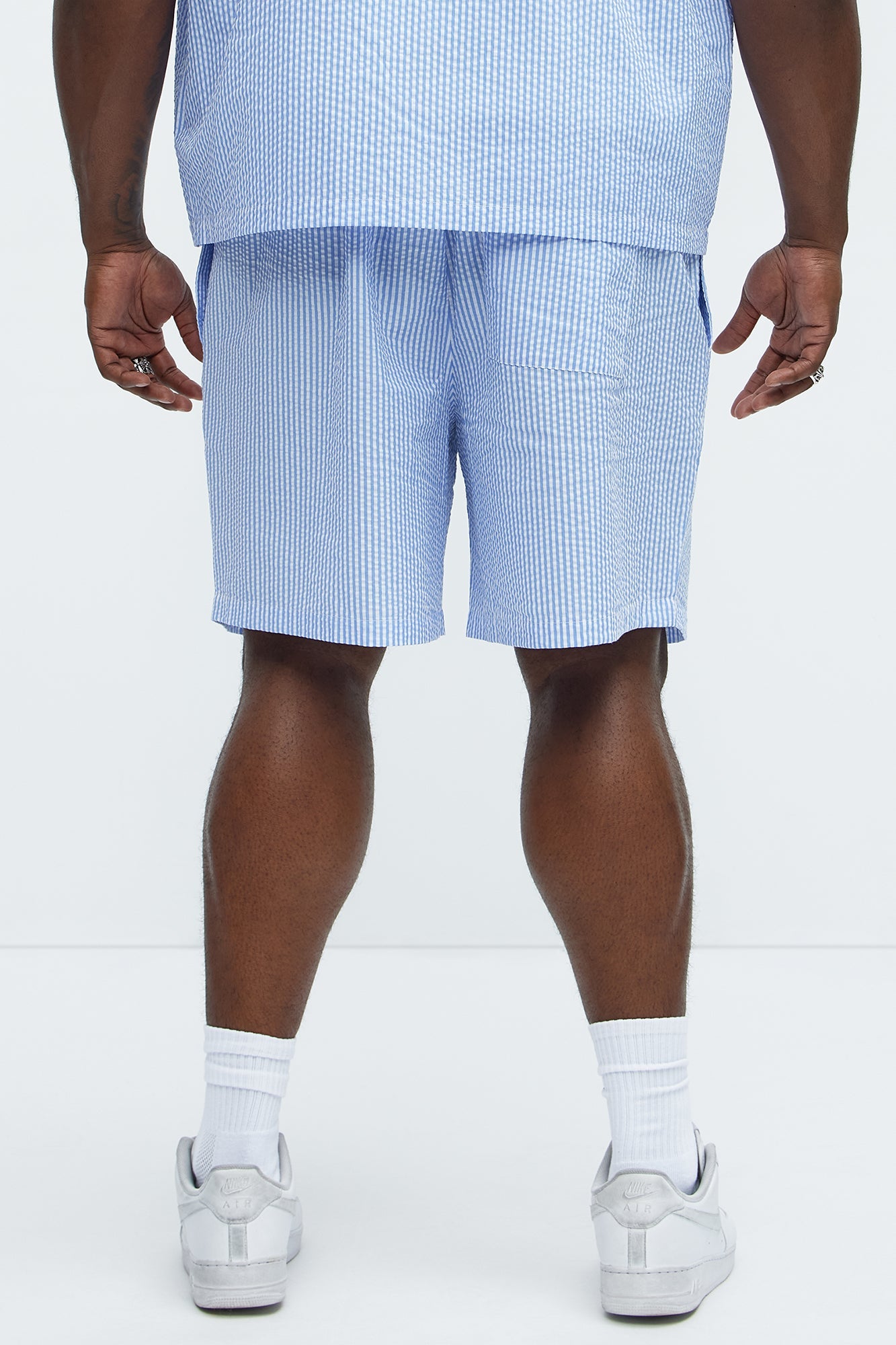 Seersucker Relaxed Shorts - Blue/combo Fashion Nova