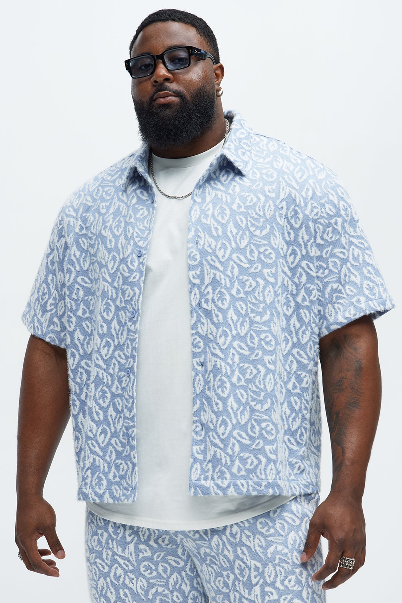 Jacquard Foliage Short Sleeve Shirt - Blue/combo Fashion Nova