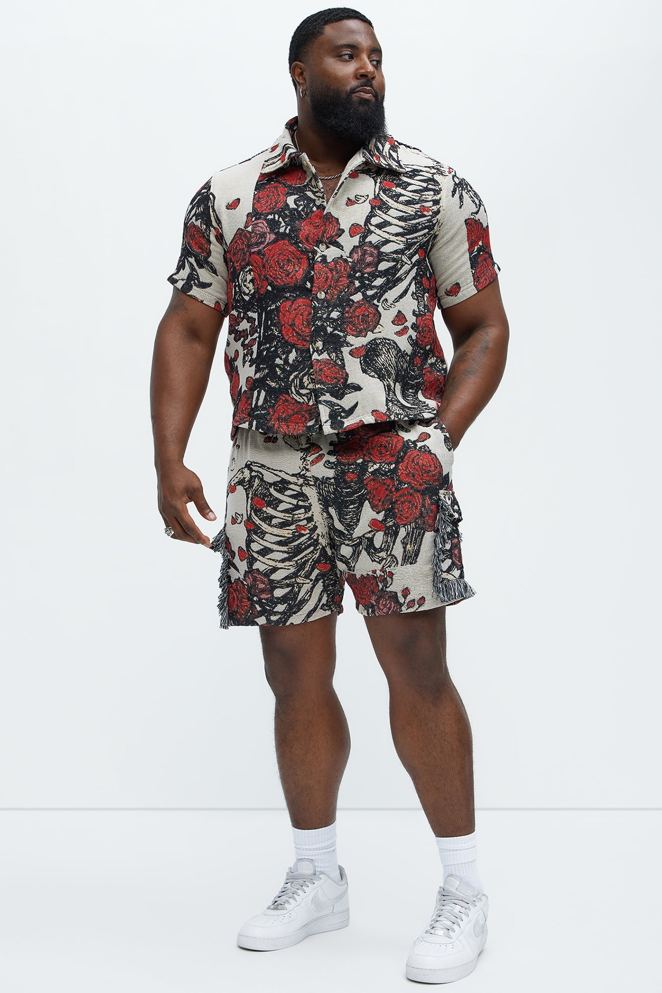 Petals Tapestry Short Sleeve Button Up Shirt - Red/combo Fashion Nova