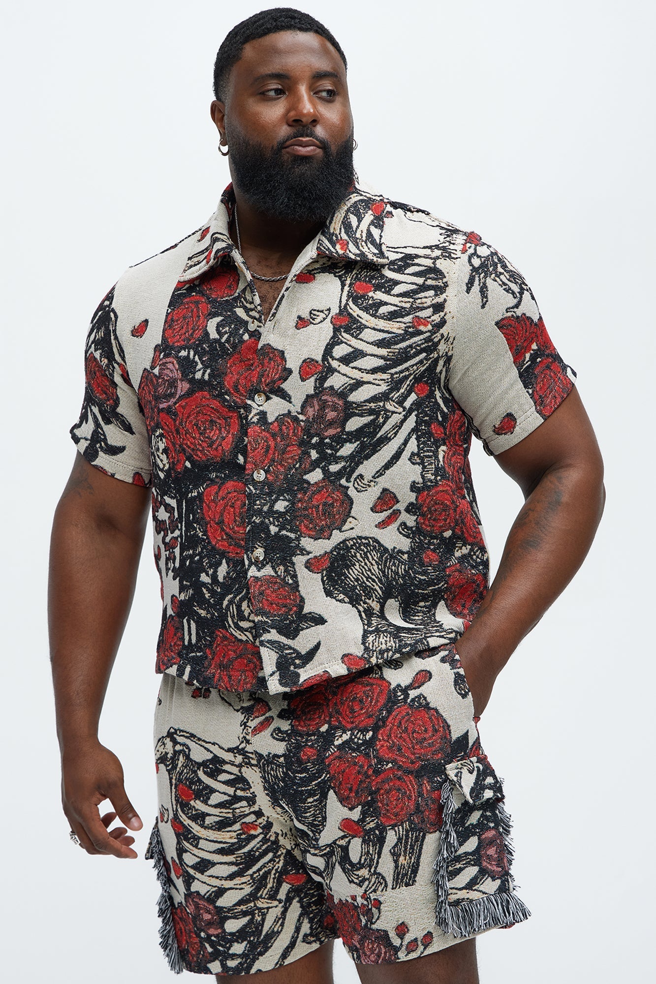Petals Tapestry Short Sleeve Button Up Shirt - Red/combo Fashion Nova