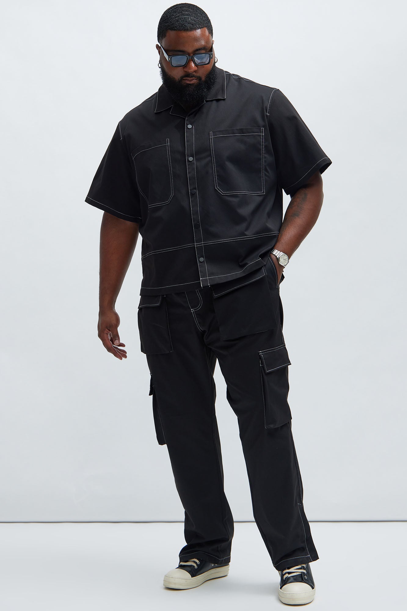 Curtis Contrast Stitch Boxy Shirt - Black Fashion Nova
