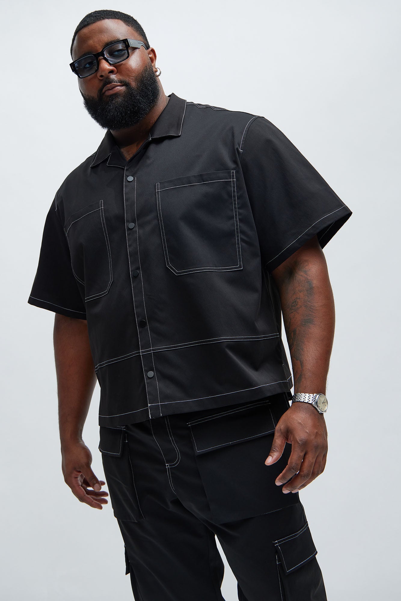 Curtis Contrast Stitch Boxy Shirt - Black Fashion Nova