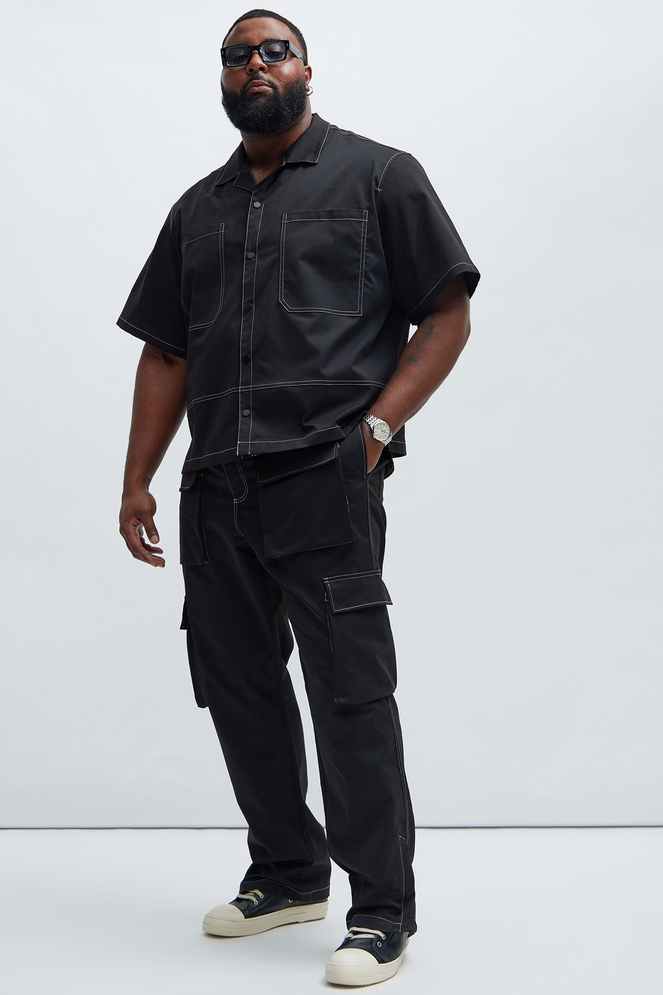 Curtis Contrast Stitch Relaxed Cargo Pants - Black Fashion Nova