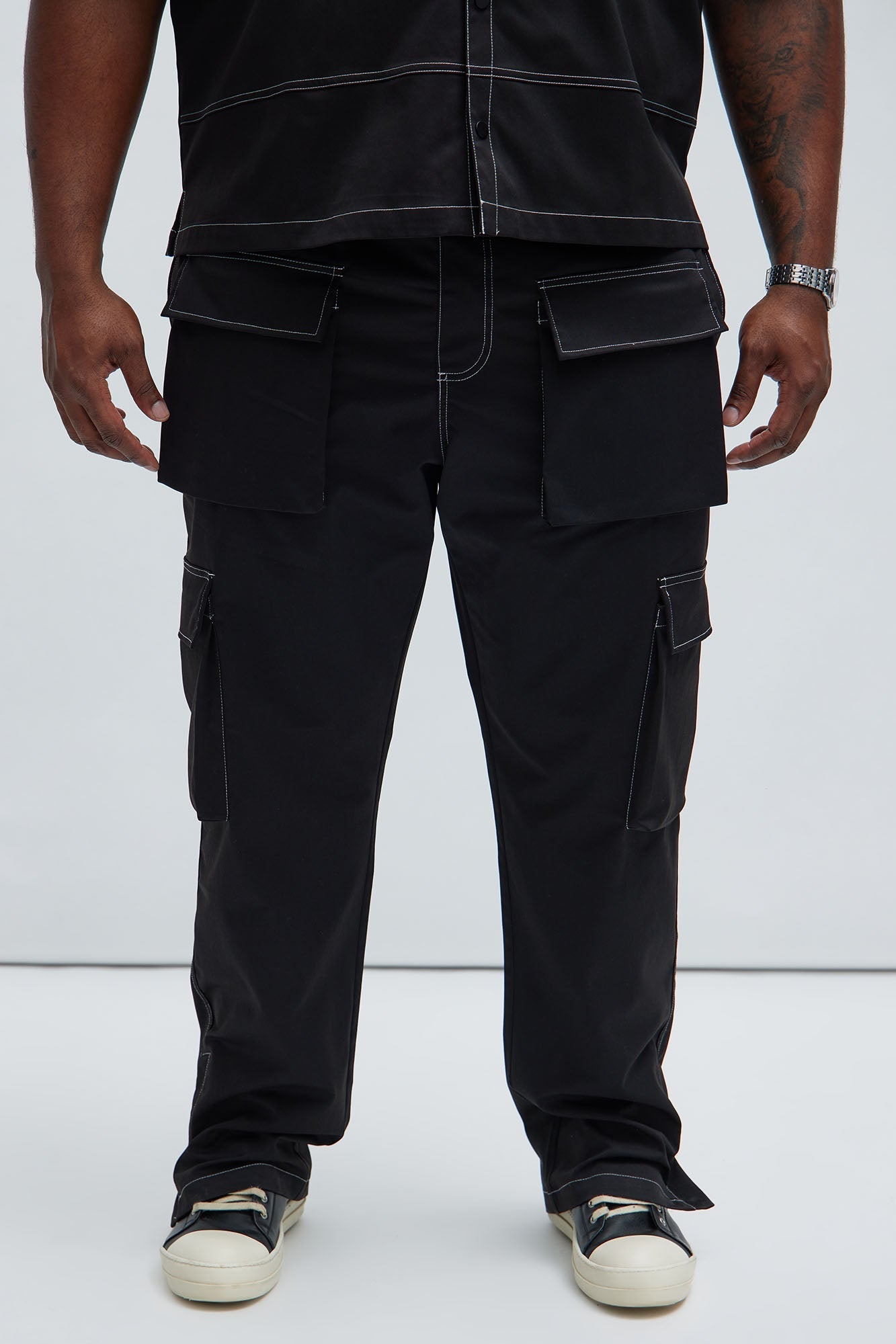 Curtis Contrast Stitch Relaxed Cargo Pants - Black Fashion Nova