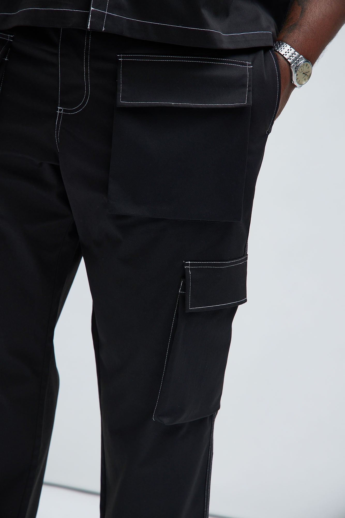 Curtis Contrast Stitch Relaxed Cargo Pants - Black Fashion Nova
