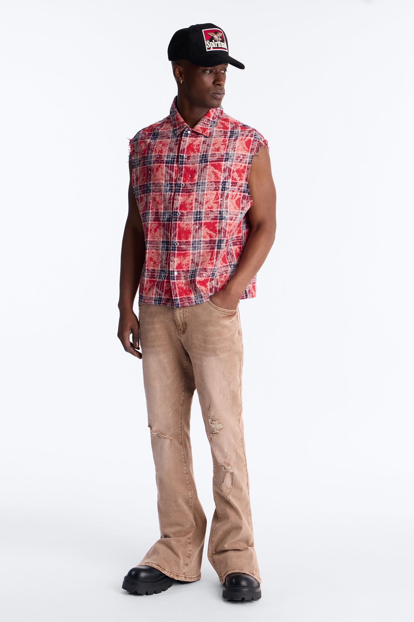 Rhinestone Rain Sleeveless Plaid Flannel - Red Fashion Nova