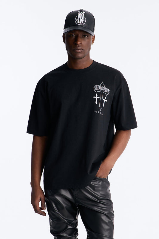 Chosen Cross Embroidery Short Sleeve Tee - Black Fashion Nova