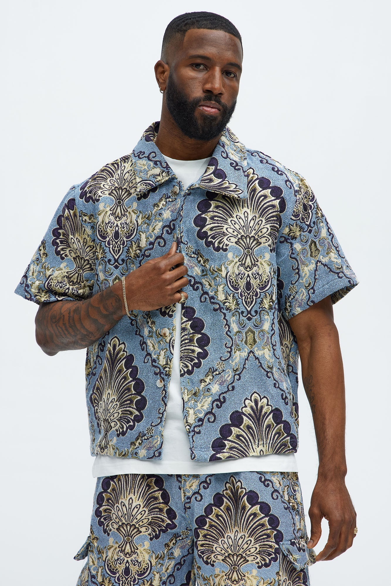 Highland Tapestry Short Sleeve Button Up Shirt - Blue/combo Fashion Nova