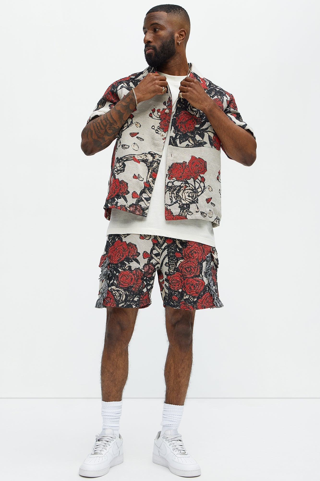 Petals Tapestry Short Sleeve Button Up Shirt - Red/combo Fashion Nova