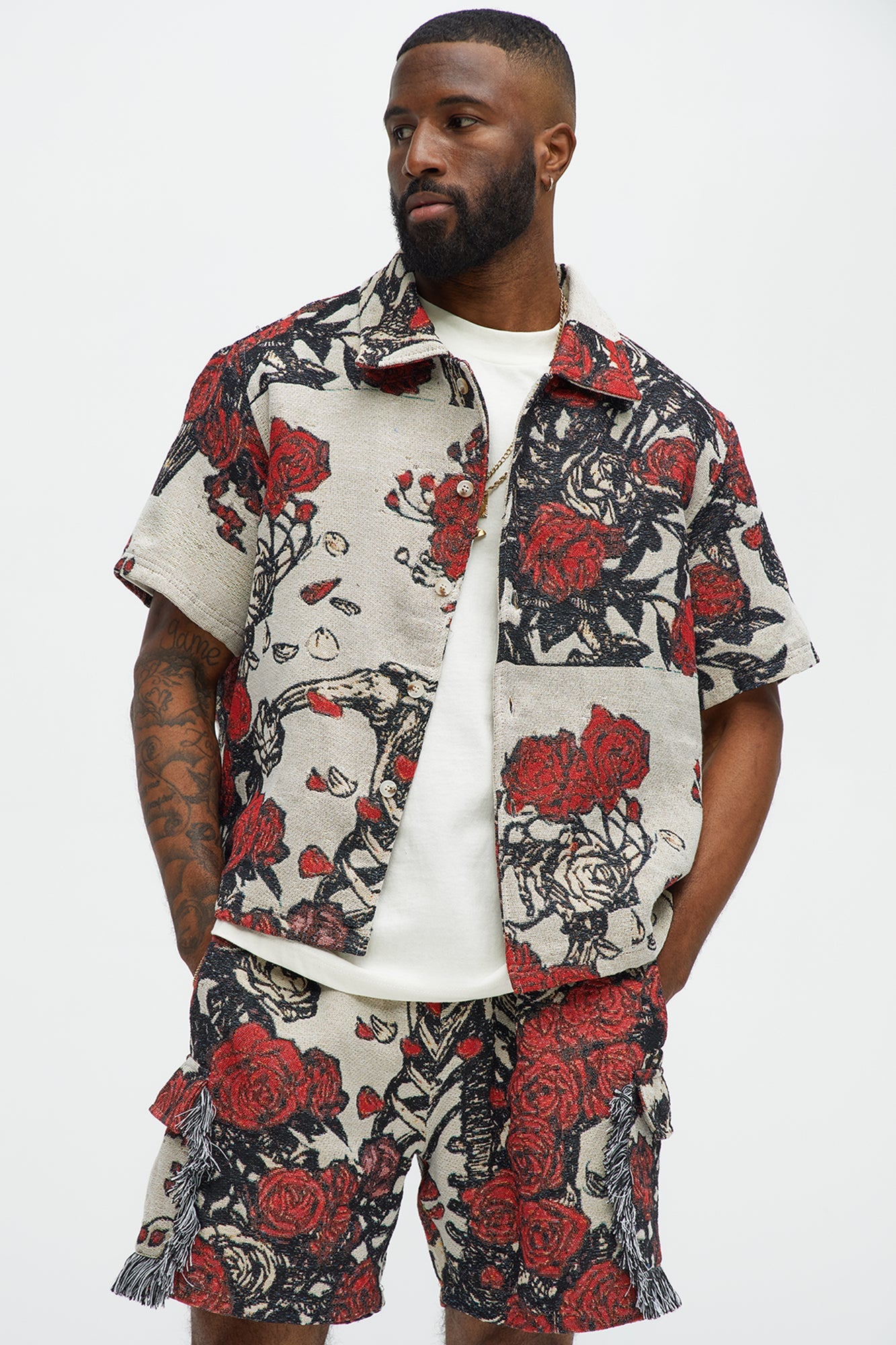 Petals Tapestry Short Sleeve Button Up Shirt - Red/combo Fashion Nova