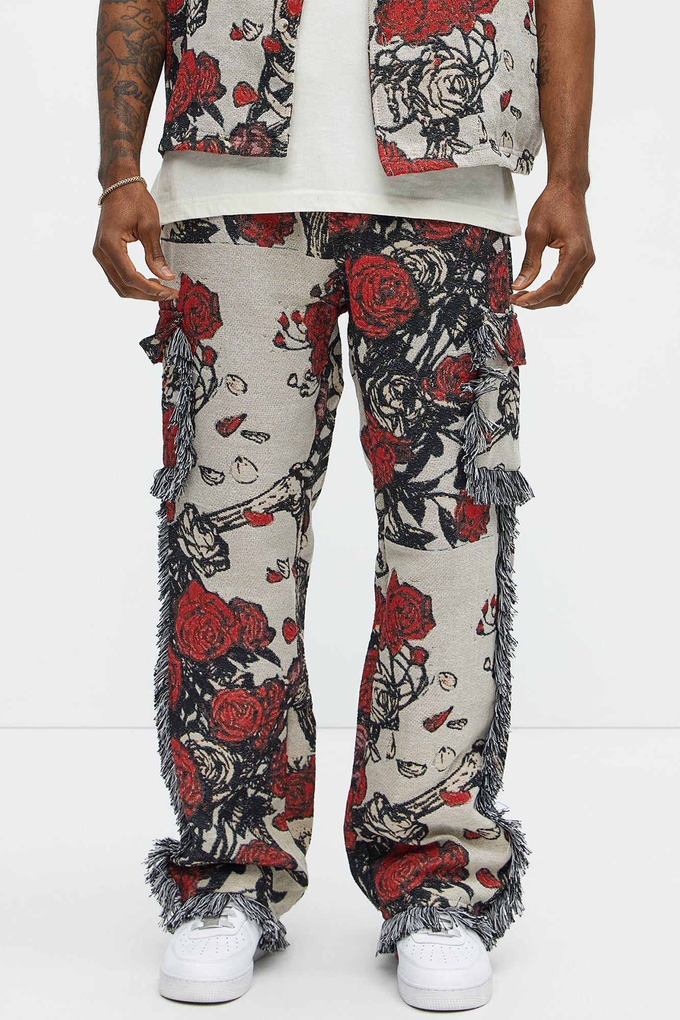 Straight Petals Tapestry Cargo Pants - Red/combo Fashion Nova